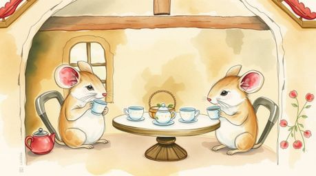 A delicate watercolor painting portraying charming anthropomorphic mice enjoying a delightful tea party within the warm and i