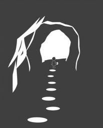 A modern, elegant black and white flat design illustration depicts a child venturing into a simple, two-dimensional cave, gui
