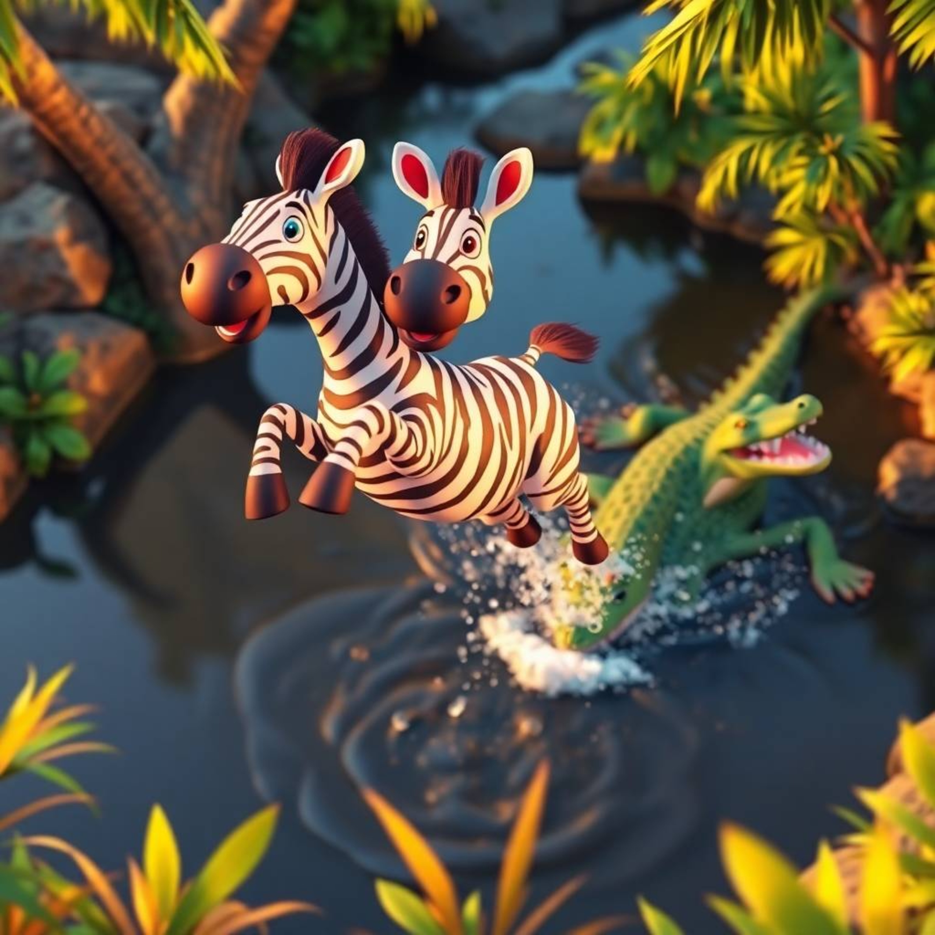 A brightly colored, 3D cartoon zebra energetically jumps from a jungle riverbank, bathed in warm golden hour light.  A crocod