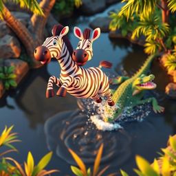 A brightly colored, 3D cartoon zebra energetically jumps from a jungle riverbank, bathed in warm golden hour light.  A crocod