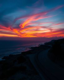 This is a dramatic, cinematic style image capturing a sunset sky over a winding coastal highway. The scene is composed with f