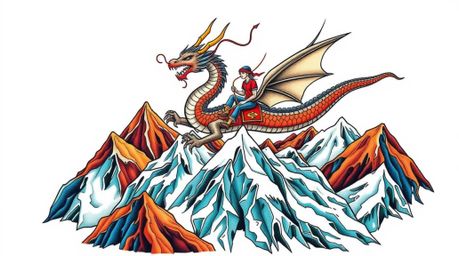 Overhead bird's-eye view art print featuring a symbolic traditional tattoo design of a dragon and rider soaring above vibrant