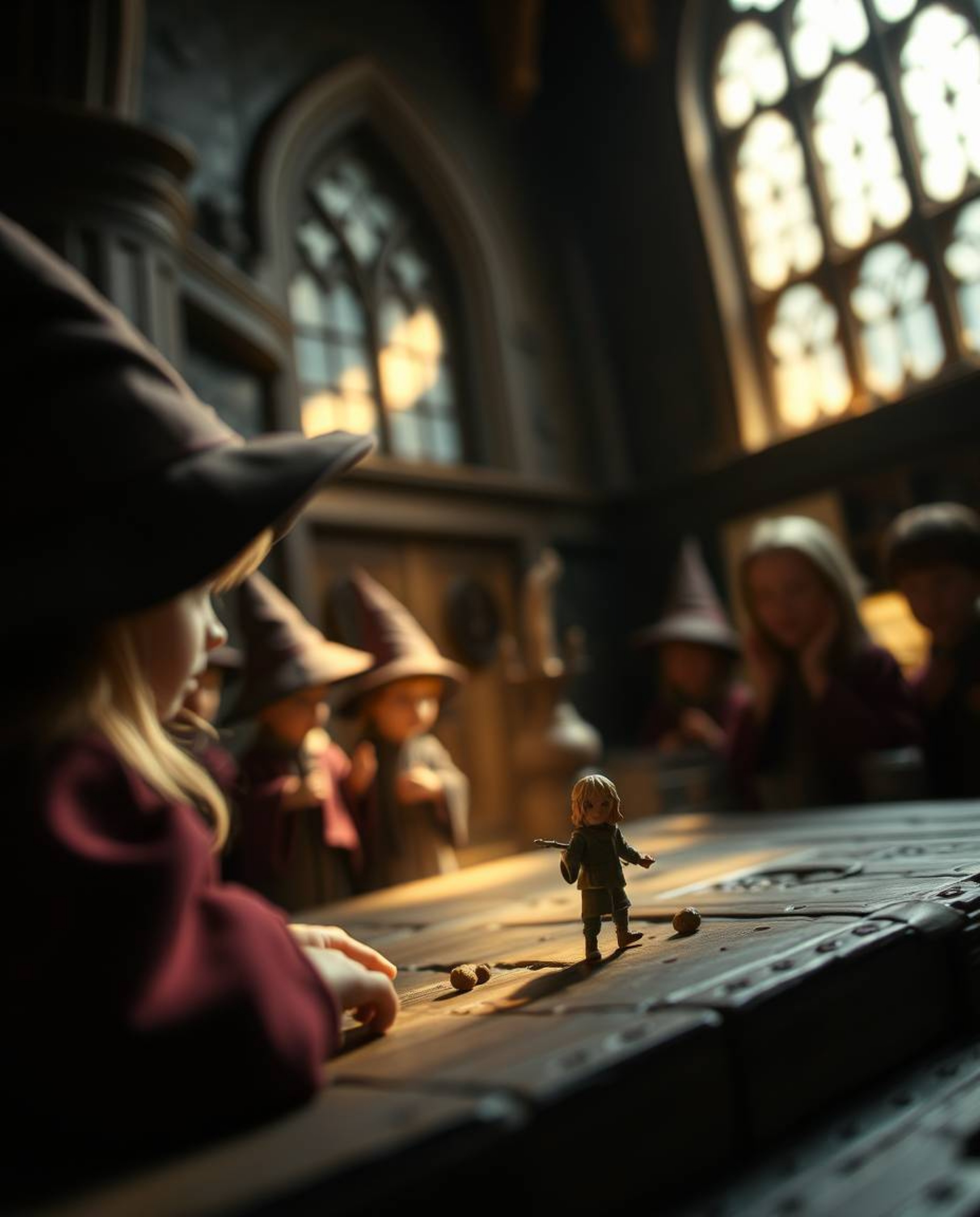 Explore an extreme macro close-up view of a magical school brimming with young wizards. Gentle, soft light delicately illumin