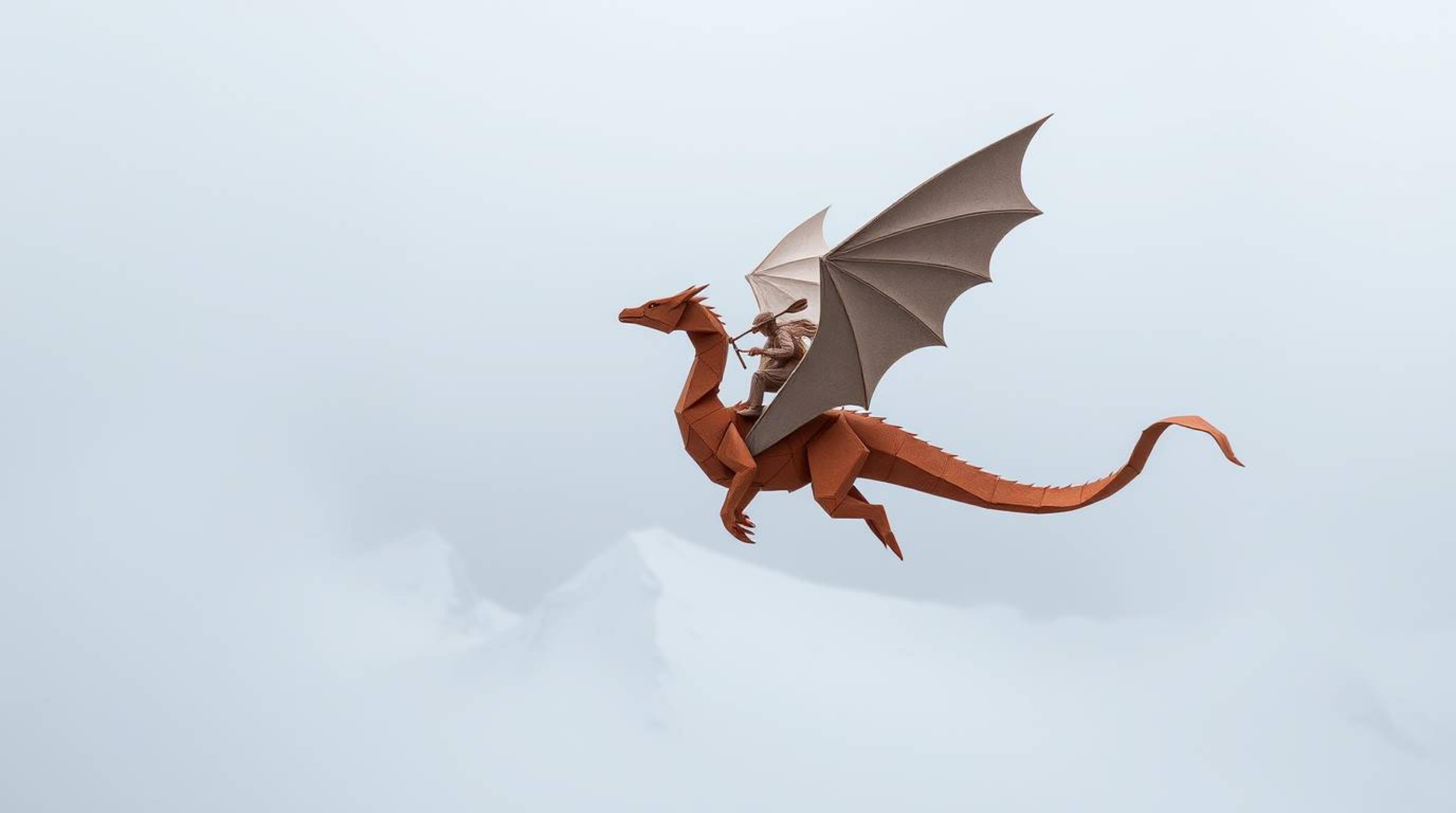 Witness a breathtaking scene of an intricate, origami-style dragon and its rider soaring above icy mountains, shrouded in thi