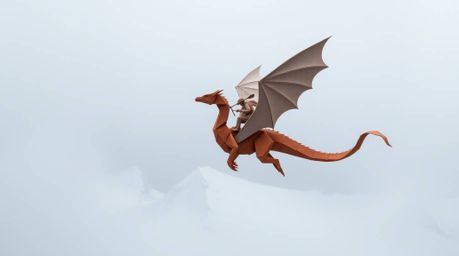 Witness a breathtaking scene of an intricate, origami-style dragon and its rider soaring above icy mountains, shrouded in thi