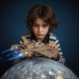 A captivating high-fashion photograph showcases a young boy with bright blue eyes and messy brown hair, engrossed in building