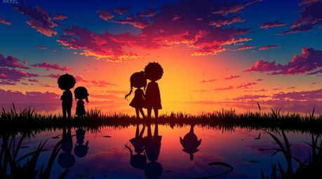 A captivating isekai-style anime illustration showcases adorable, silhouetted figures backlit by a vibrant sunset reflected i