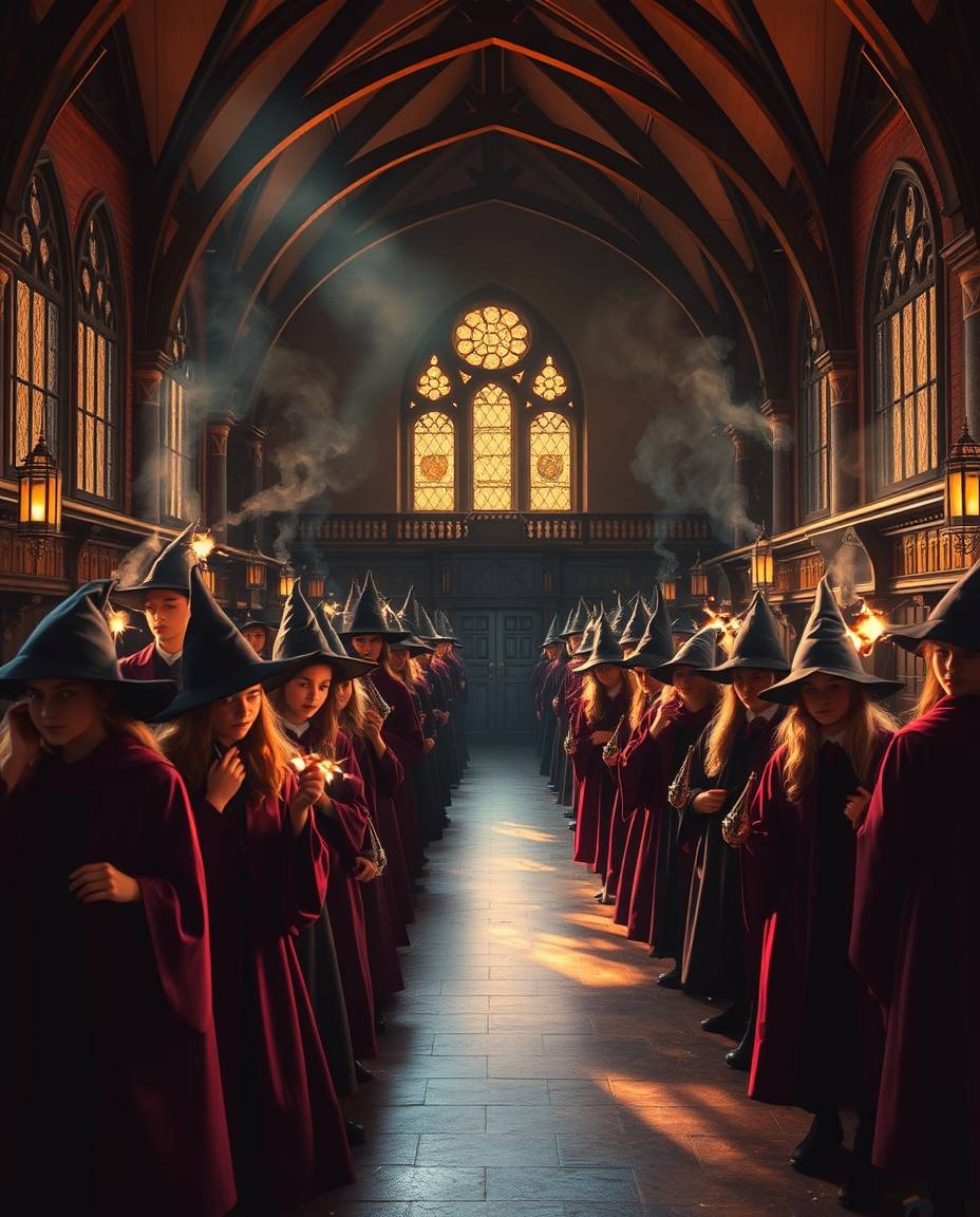Imagine a magical school brimming with young wizards, bathed in the warm glow of the golden hour. The school exudes a sophist