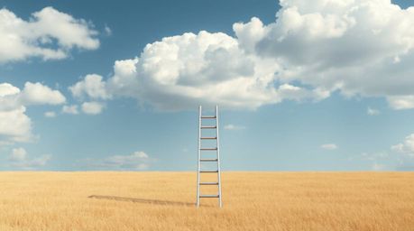 A minimalist scene showcasing a silver ladder standing in an open field beneath a wide, cloudy sky, rendered in a modern flat
