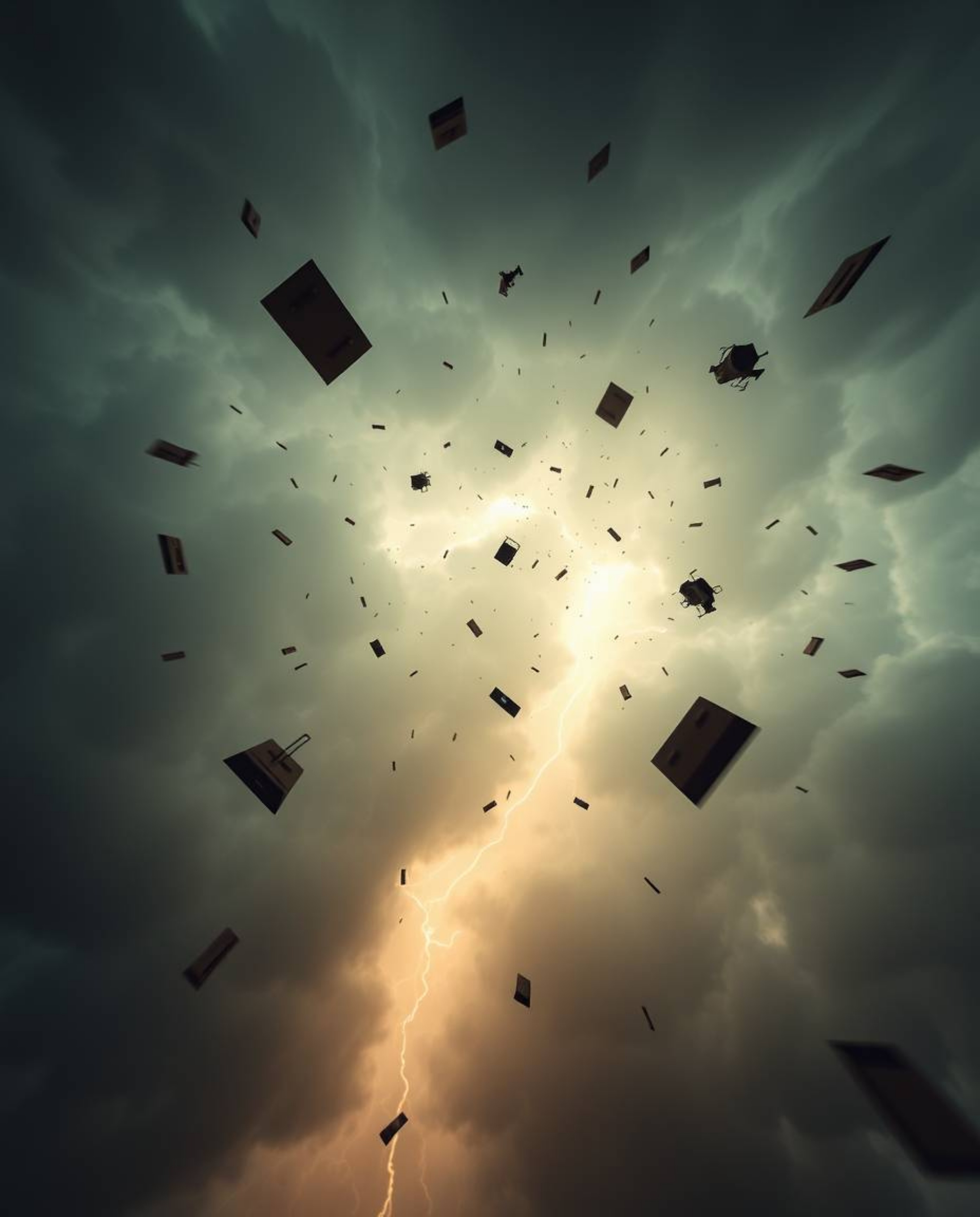 Experience a breathtaking low-angle perspective of a surreal storm where flying objects defy broken gravity.  This artwork sh
