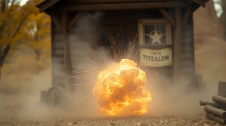 A classic exploding TNT gag set in the wild west amidst thick, foggy surroundings, evokes a sense of nostalgia and adventure.