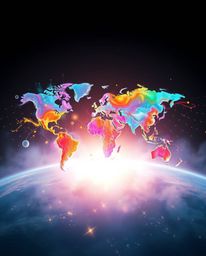 Explore a captivating futuristic world map born from vibrant, colorful splashes, presented in an ethereal and spiritual style