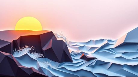 A stunning origami-style illustration showcases waves crashing against cliffs at sunset.  The image features soft, diffused l