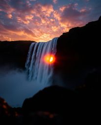 A tightly framed close-up shot of a sun setting behind a dramatic waterfall, emphasizing intense dramatic lighting, high cont