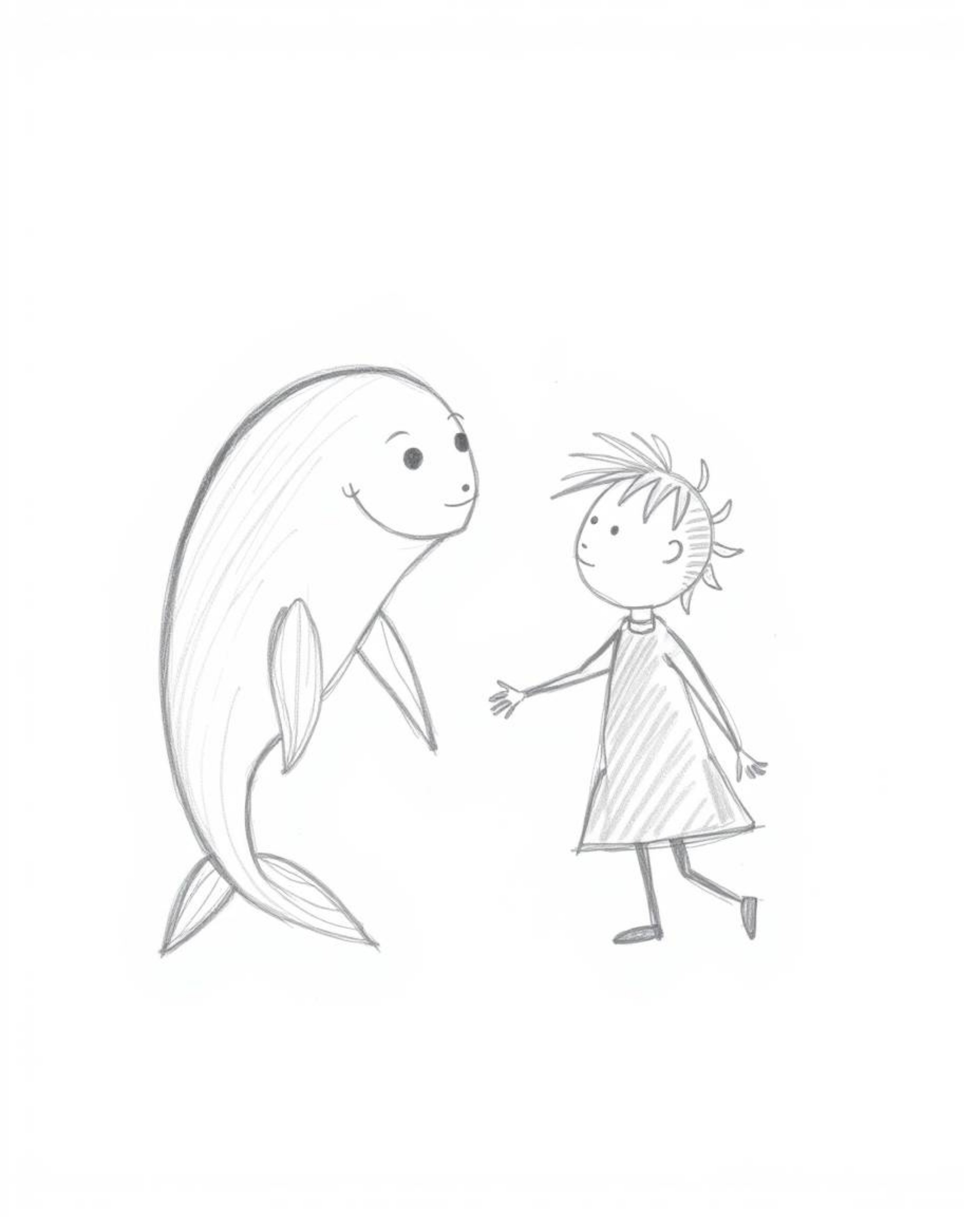 A heartwarming hand-drawn sketch portrays an unlikely friendship between a child and a whimsical sea creature.  The artwork f