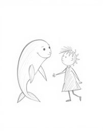 A heartwarming hand-drawn sketch portrays an unlikely friendship between a child and a whimsical sea creature. The artwork f