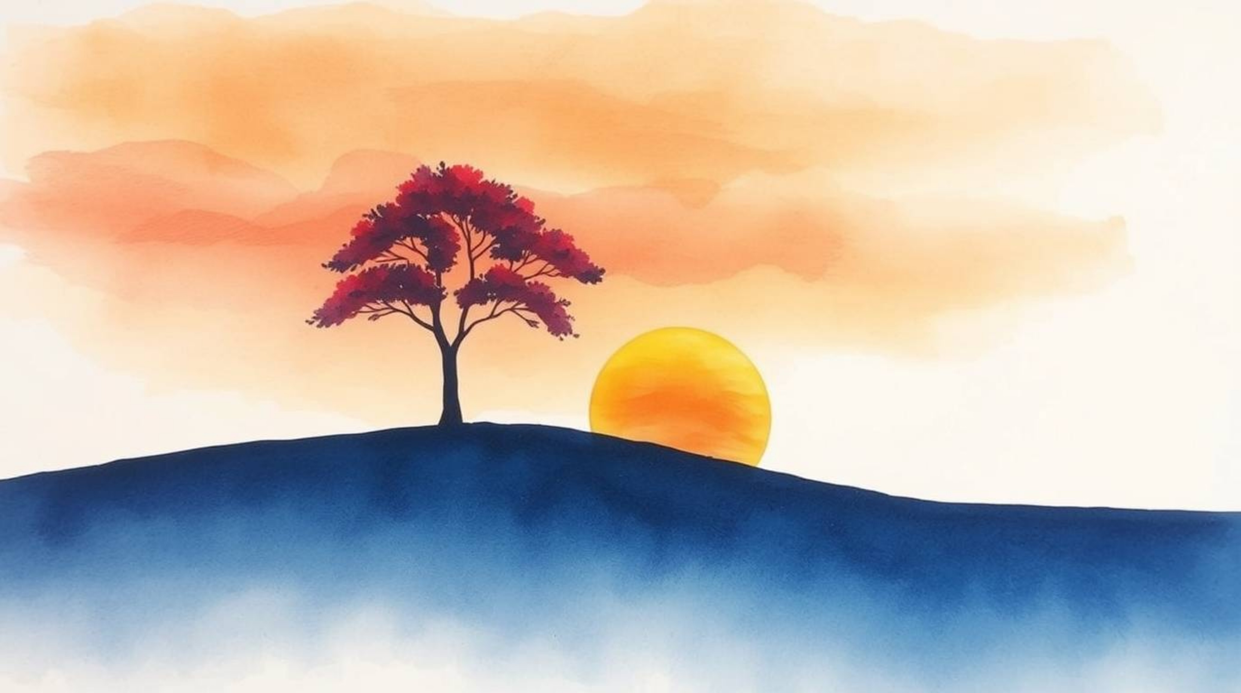 A captivating watercolor painting depicts a lone tree silhouetted against a vibrant fiery sunset on a hill.  The artwork feat