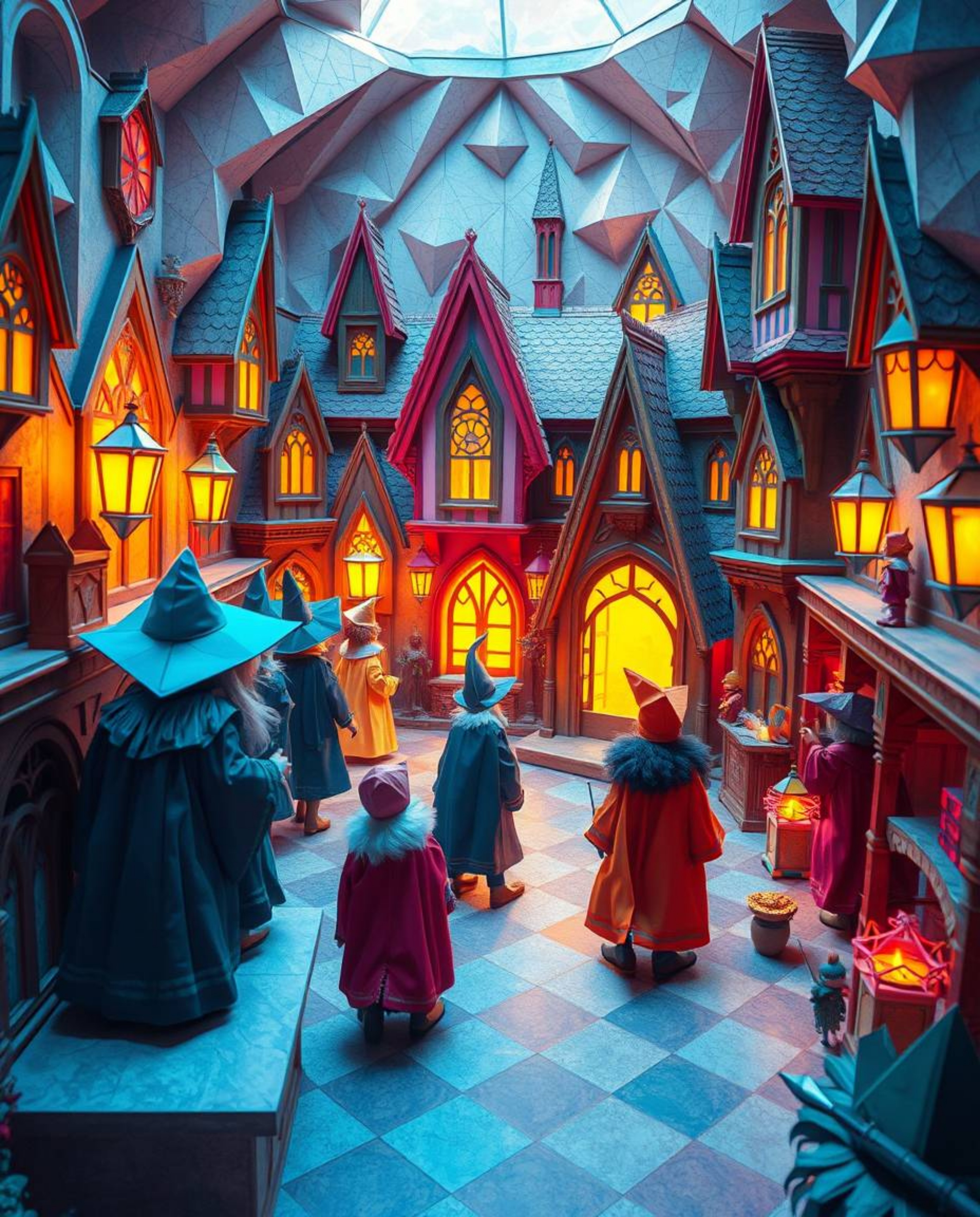 Discover a whimsical magical school brimming with young wizards, vibrant colors, and intricate origami-style architecture.  E