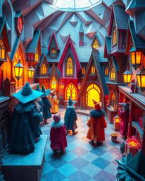 Discover a whimsical magical school brimming with young wizards, vibrant colors, and intricate origami-style architecture.  E