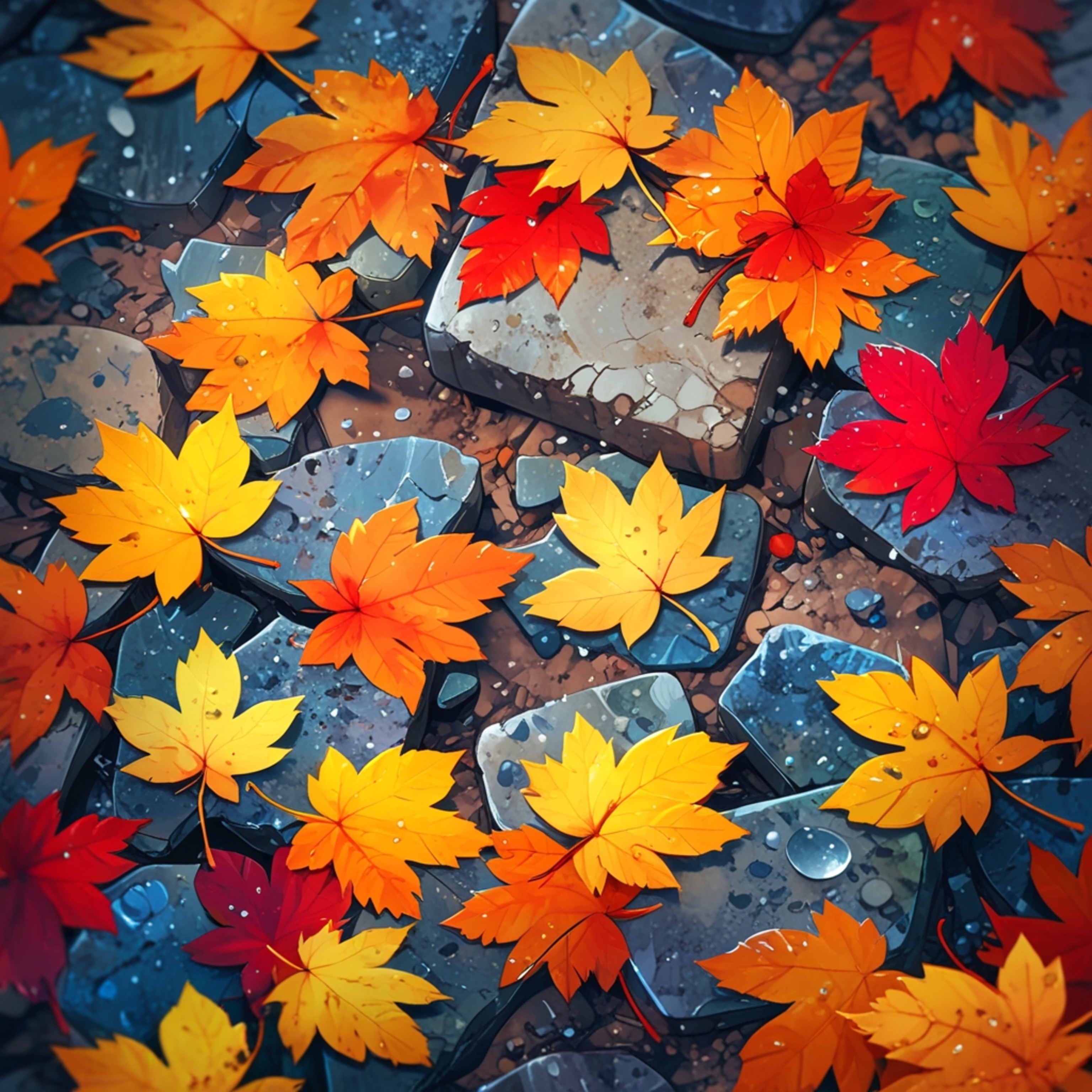 Capture the beauty of autumn with this image featuring a vibrant pile of colorful leaves adorned with delicate dew droplets. 