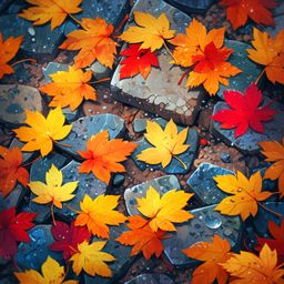 Capture the beauty of autumn with this image featuring a vibrant pile of colorful leaves adorned with delicate dew droplets. 