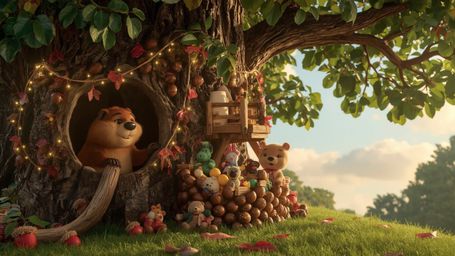 A highly detailed, high-resolution stock photo, reminiscent of Pixar characters, shows a friendly beaver constructing a luxur
