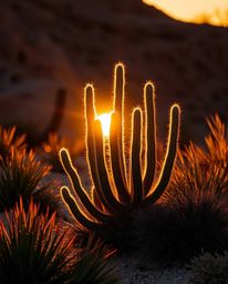 A desert cactus glows in the last rays of the sun, rendered in a stunning creative light art style. The piece utilizes a pale