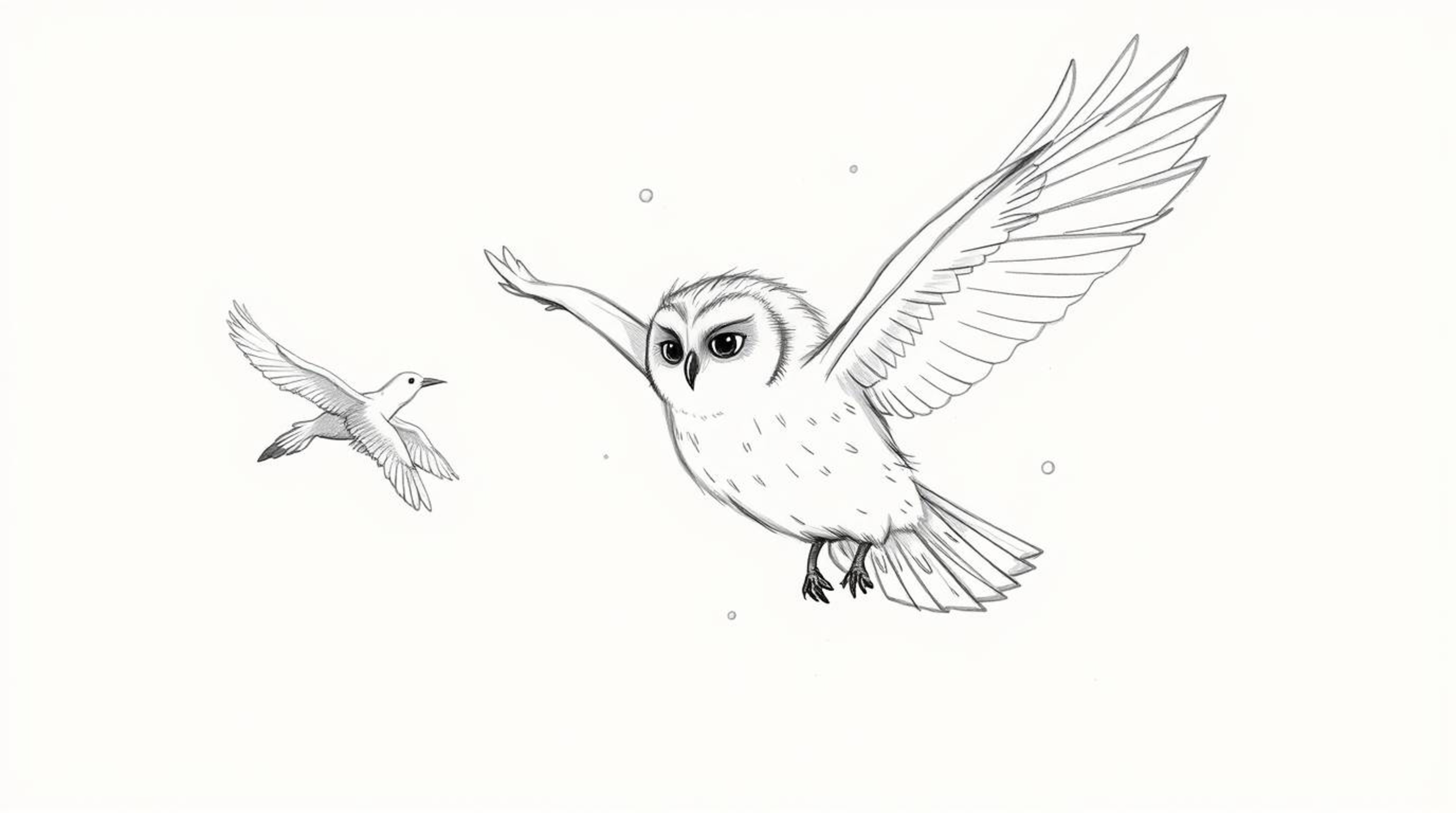 A heartwarming hand-drawn sketch in the Pixar style depicts a blind owl patiently teaching birds to fly.  Soft pencil strokes