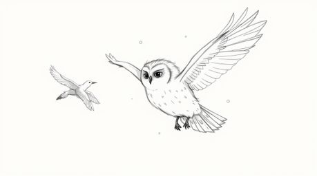 A heartwarming hand-drawn sketch in the Pixar style depicts a blind owl patiently teaching birds to fly.  Soft pencil strokes