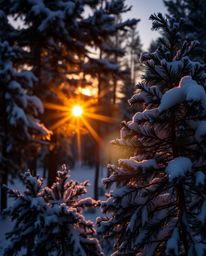 A long exposure photograph captures the enchanting sight of sunset light sparkling on snowy pine trees. This technique beauti