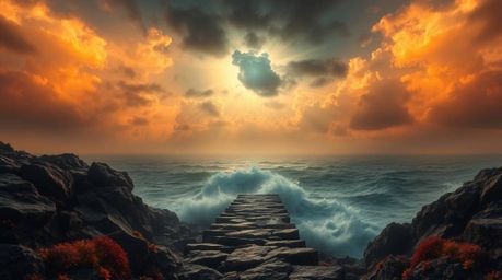A captivating image depicting a dramatic ocean staircase rising towards a stormy sky illuminated by a divine sunburst. The wa