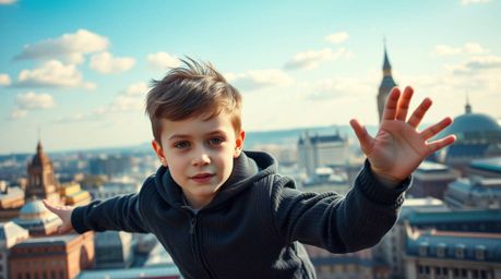 A captivating commercial stock photo showcases a young boy with a neutral expression soaring above a detailed London cityscap