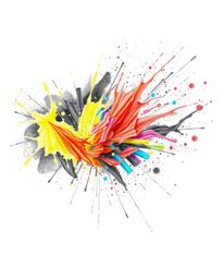 This artwork captures the energy of dynamic, colorful splashes on a stark black background, presented as a hand-drawn sketch 