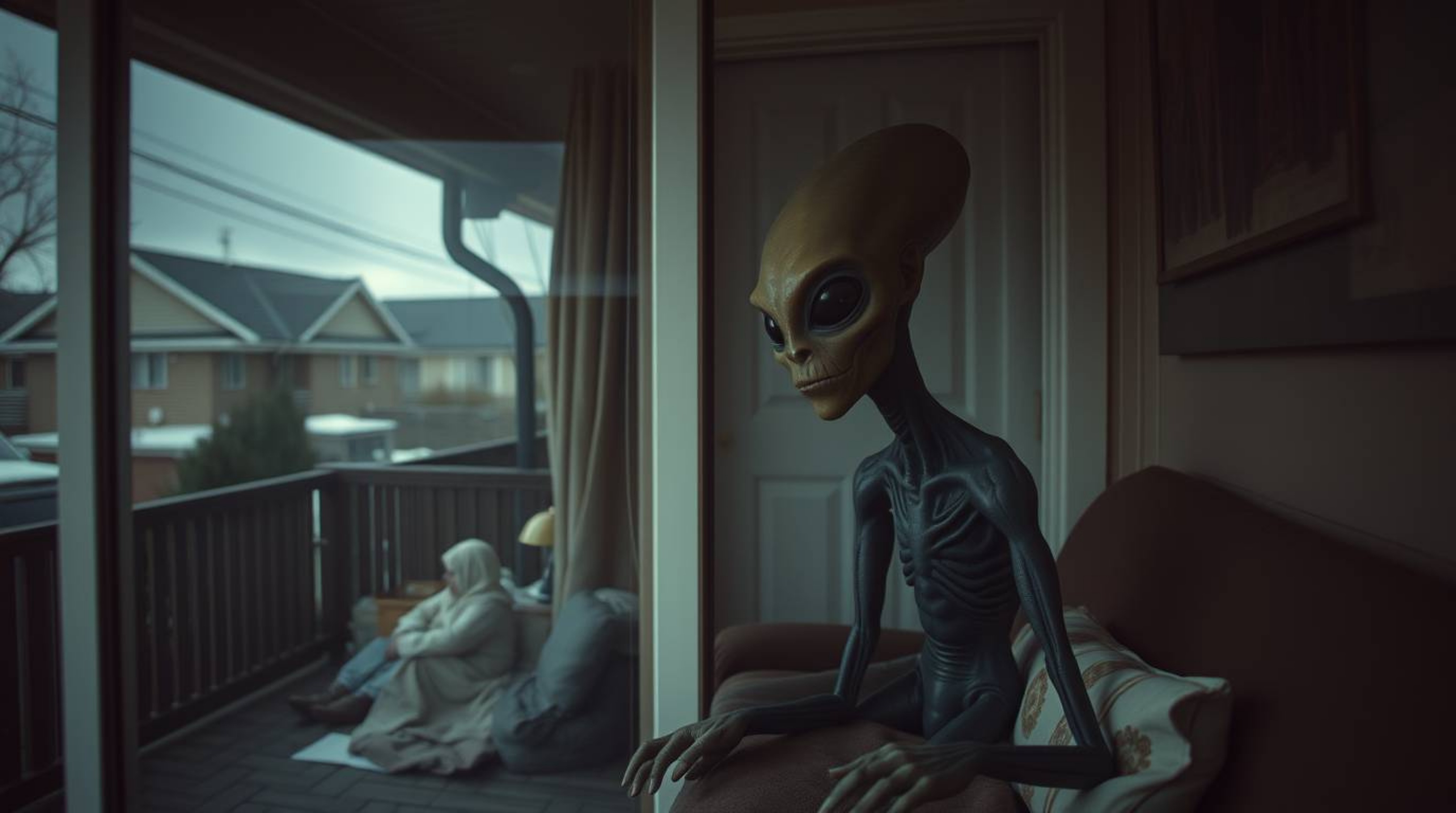 A collection of candid street photography images depicting an alien living a seemingly ordinary life in a suburban house with