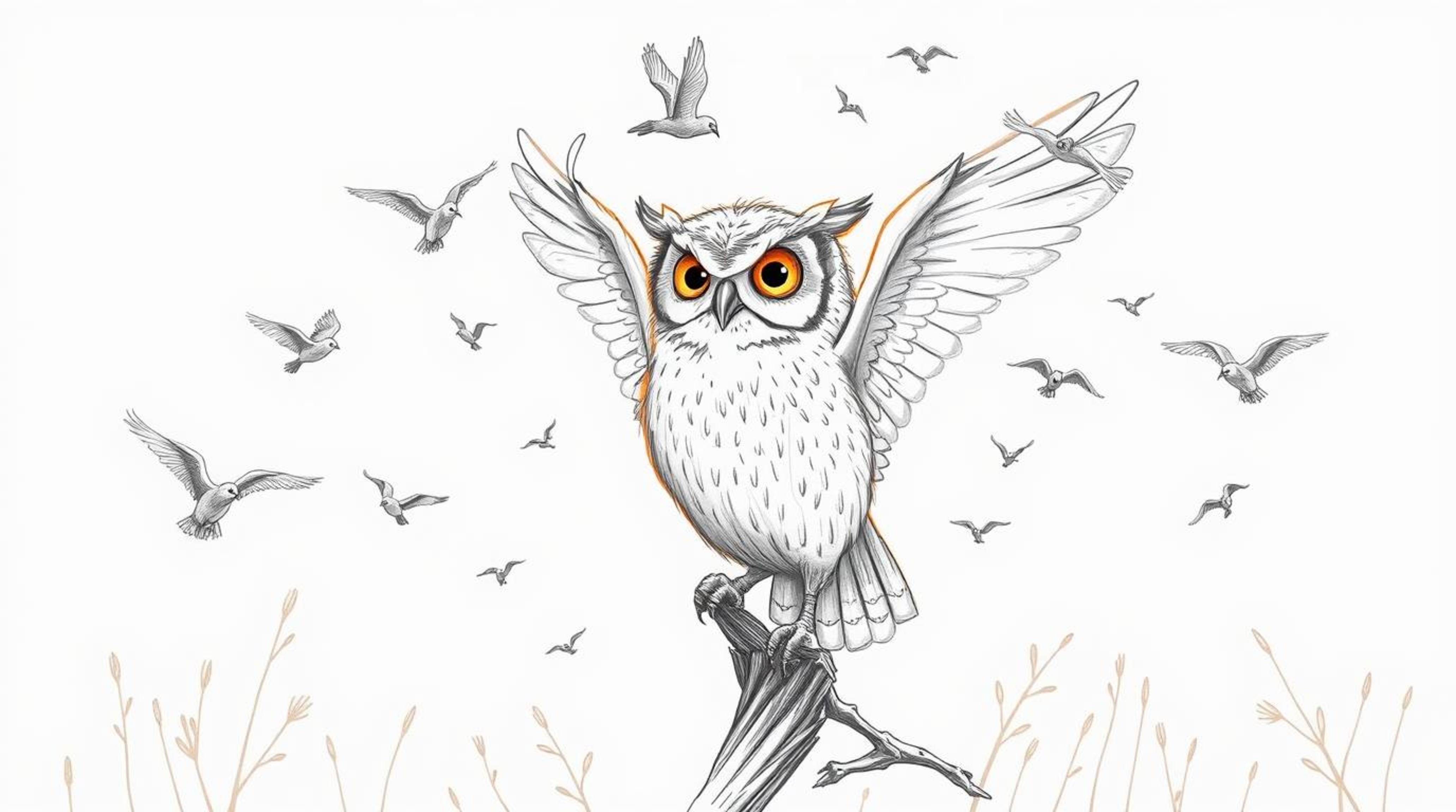 A charming Pixar-style hand-drawn sketch depicts a kind, blind owl with softly spread wings, surrounded by birds in flight.  
