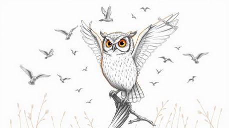 A charming Pixar-style hand-drawn sketch depicts a kind, blind owl with softly spread wings, surrounded by birds in flight.  