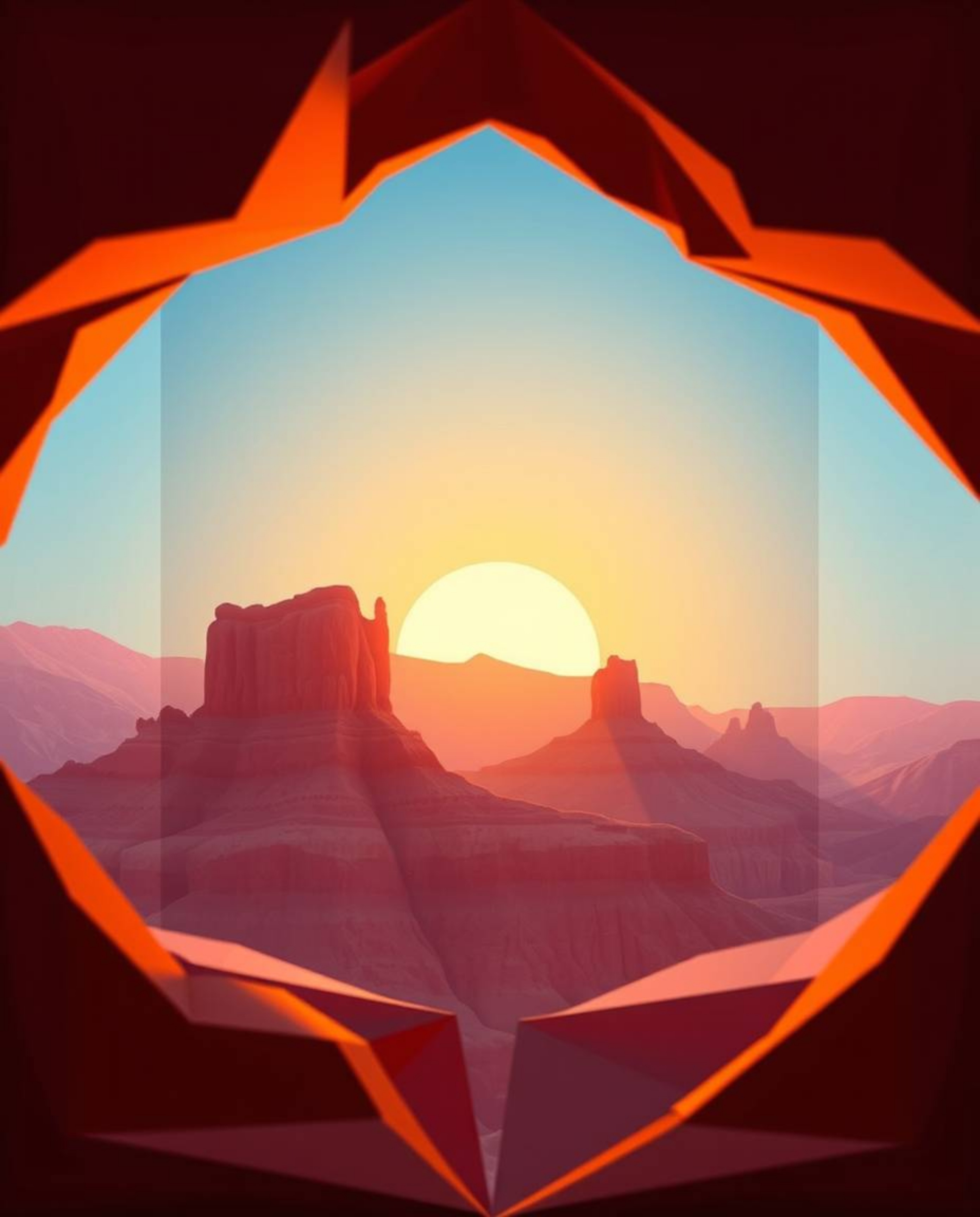 A cinematic, origami-style image depicts a sunset illuminating sandstone cliffs within a canyon. The scene is rendered with g