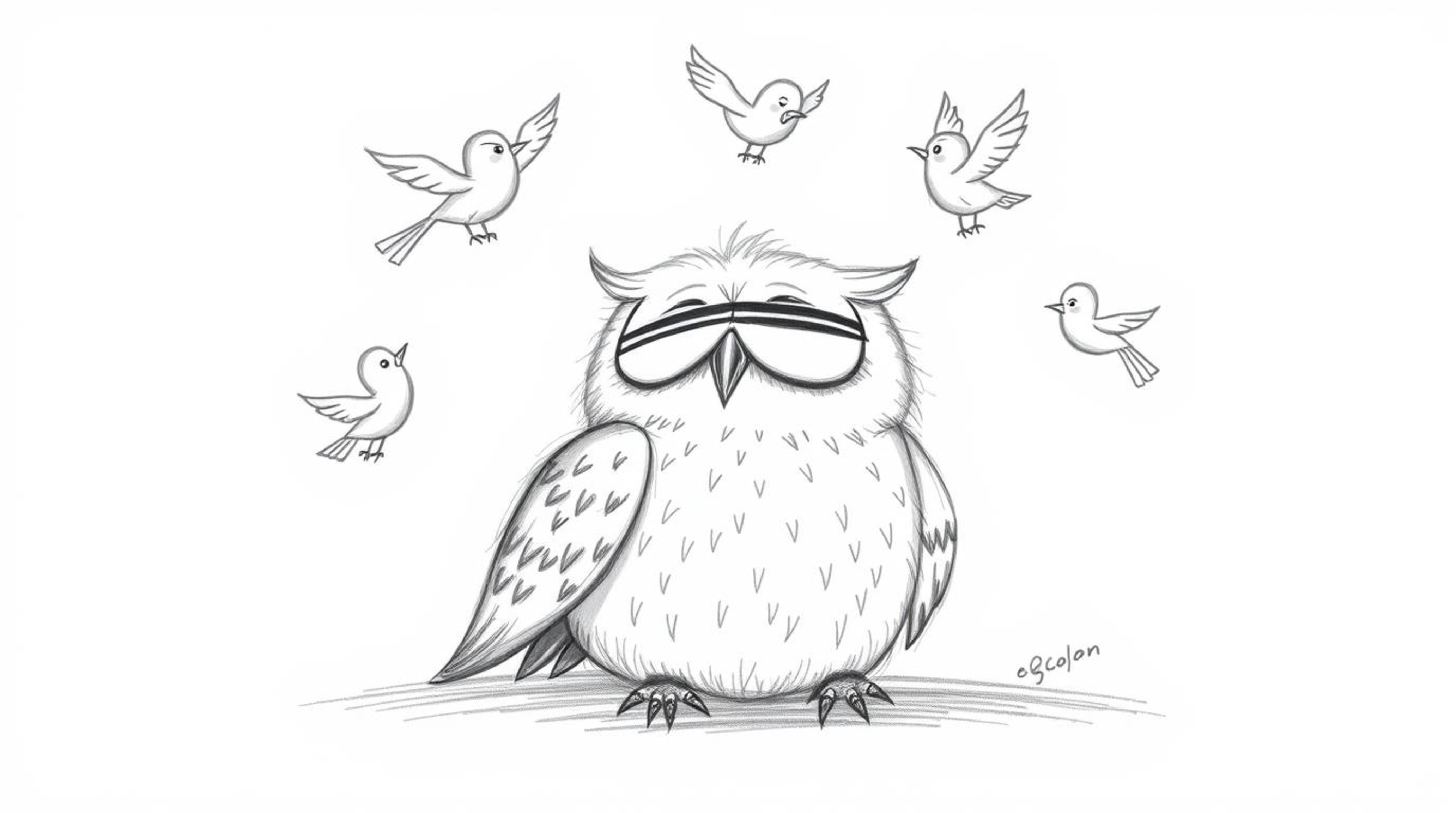 A heartwarming hand-drawn sketch in the style of Pixar portrays a blind owl with gentle, feathery textures, peacefully restin