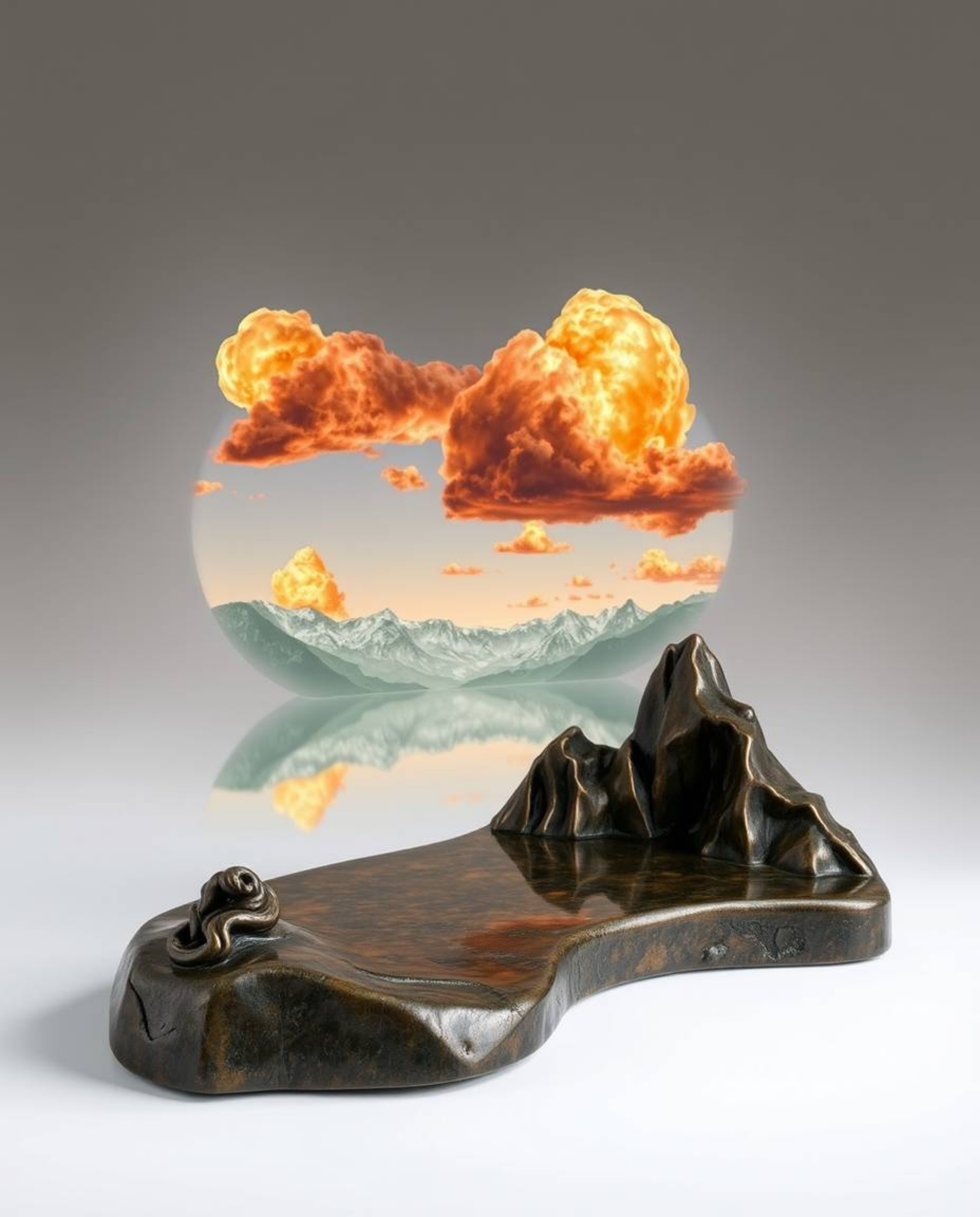 A graceful and elegant cast bronze sculpture depicting the reflections of fiery clouds in a mountain lake. This piece feature