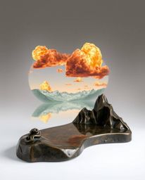 A graceful and elegant cast bronze sculpture depicting the reflections of fiery clouds in a mountain lake. This piece feature