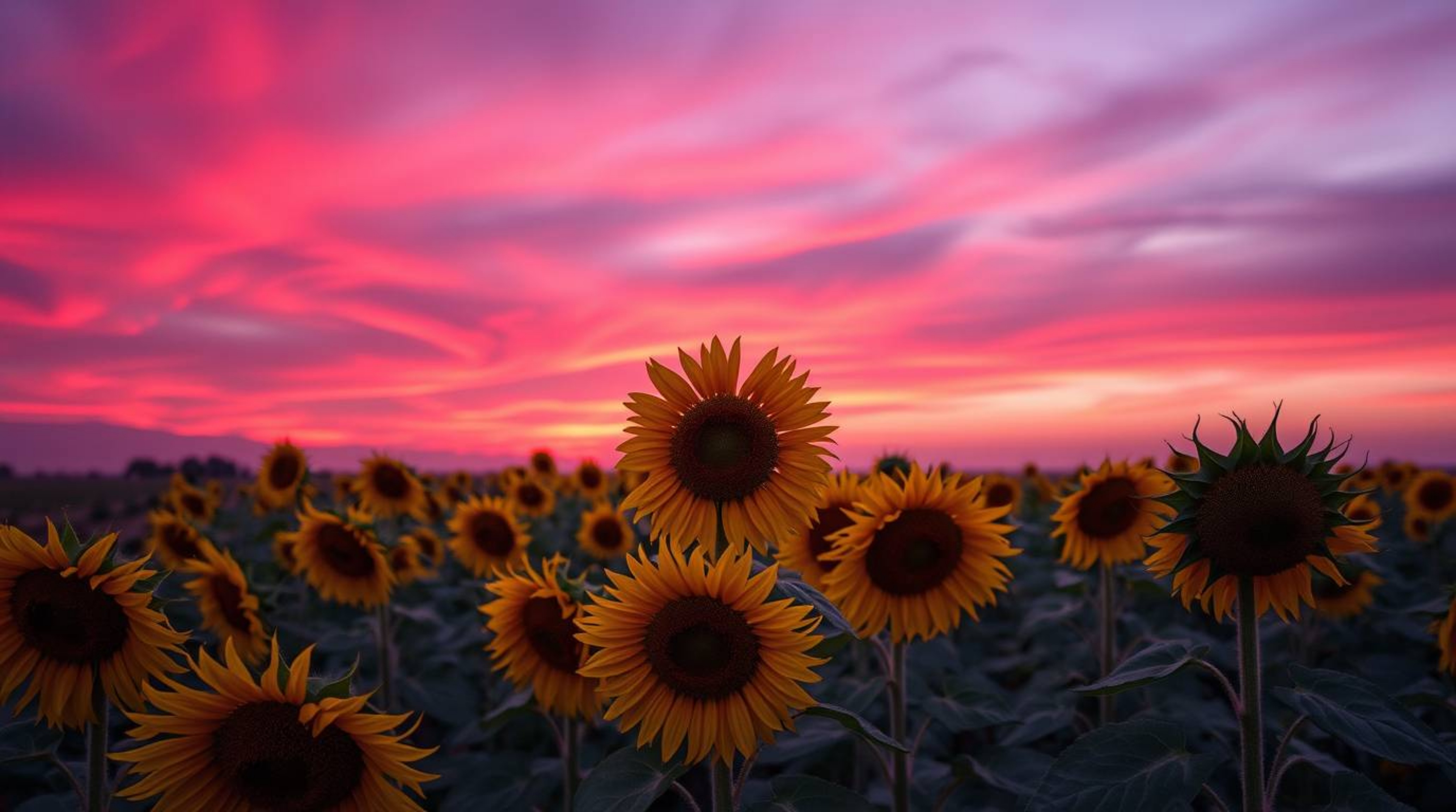 A captivating architectural color photograph showcases a breathtaking sunflower field bathed in the enchanting glow of a deep