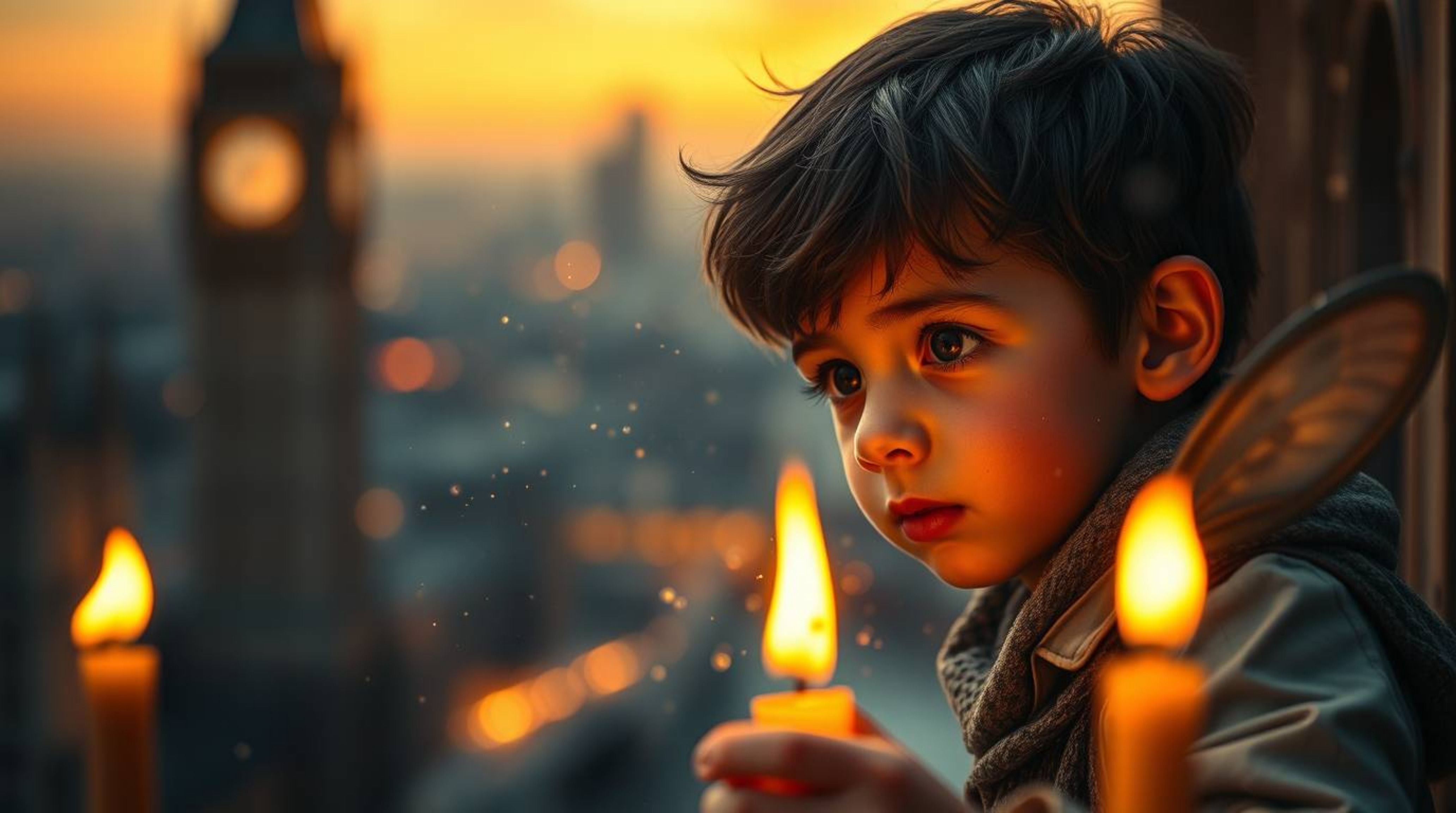 A captivating image of a young boy sprinkled with pixie dust soaring above London under the warm glow of candlelight, capture