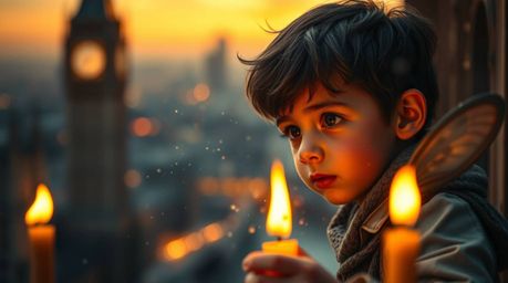 A captivating image of a young boy sprinkled with pixie dust soaring above London under the warm glow of candlelight, capture