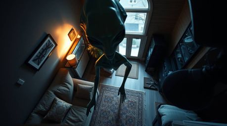 Experience an unusual perspective with a high-angle shot of an alien residing in a typical suburban house. The image is chara