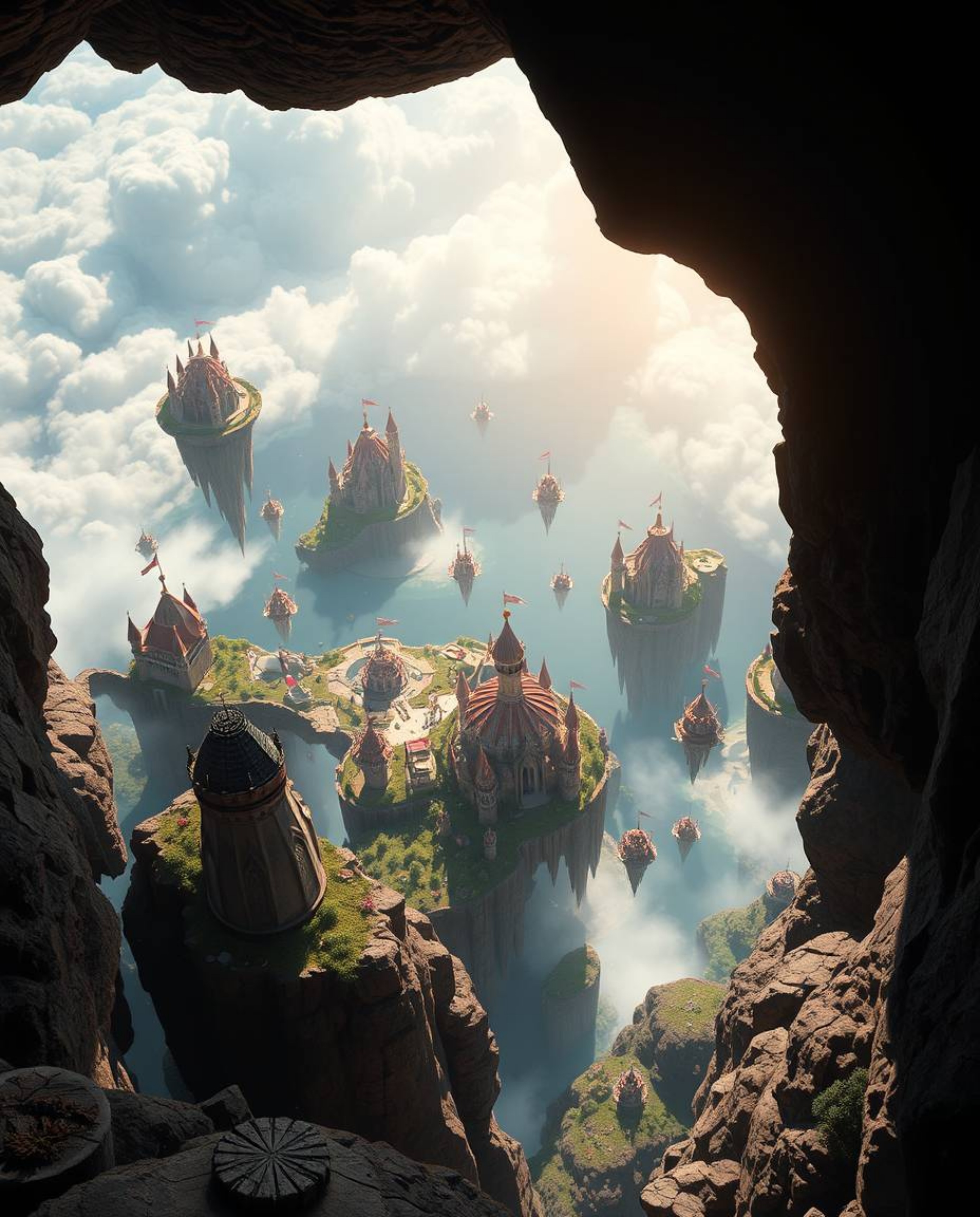 Experience a breathtaking high-angle view of a vibrant kingdom featuring floating islands and majestic castles. Bathed in str