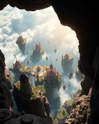 Experience a breathtaking high-angle view of a vibrant kingdom featuring floating islands and majestic castles. Bathed in str