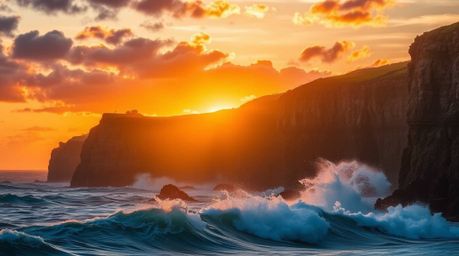 Experience the raw power of nature with stunning images of dynamic waves crashing against dramatic cliffs beneath a blazing s