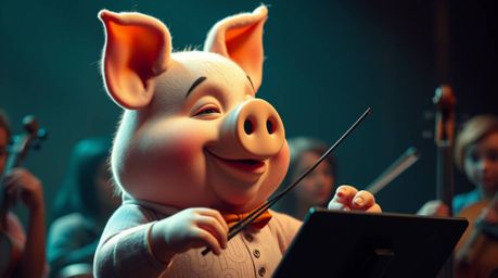 A charming pig character, radiating a gentle and soothing aura, is captured mid-performance, passionately conducting an orche