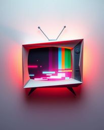 An intricate origami-style illustration showcases a retro TV screen displaying RGB separated glitch static. This artwork comb