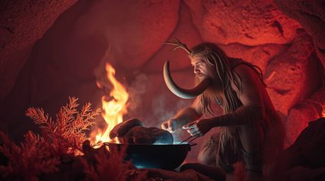 This captivating light art depicts a caveman engrossed in cooking mammoth meat, rendered in a surreal infrared spectrum. The 